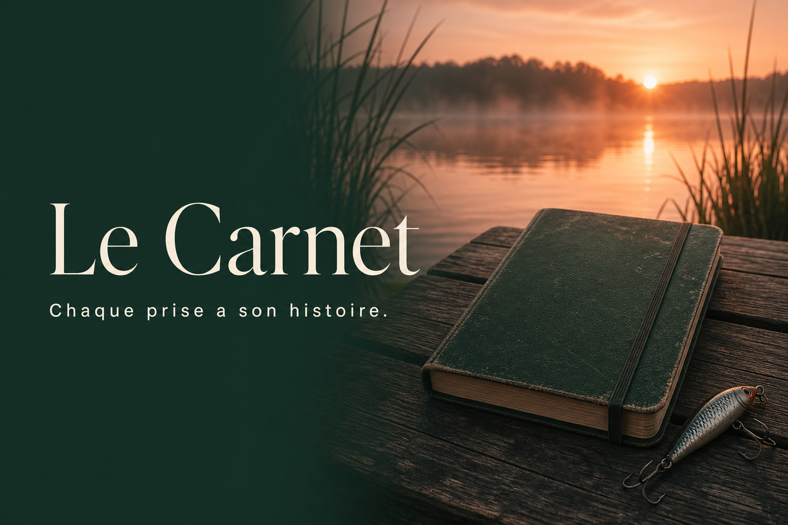 Un carnet et un leurre au bord d’un lac au lever du soleil